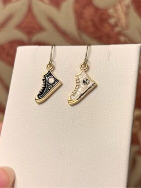 Gold new asymmetrical Sneaker Dangle Earrings — Black & White Enamel